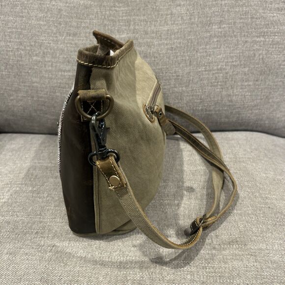 Myra Bag Messenger Cotton Leather Green Brown Blue Pockets Hand Bag Purse - Picture 3 of 9